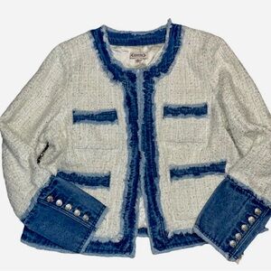 NWT SALE🎁denim jacket fringed, white boule knit, silver sparkle. Size S and M.